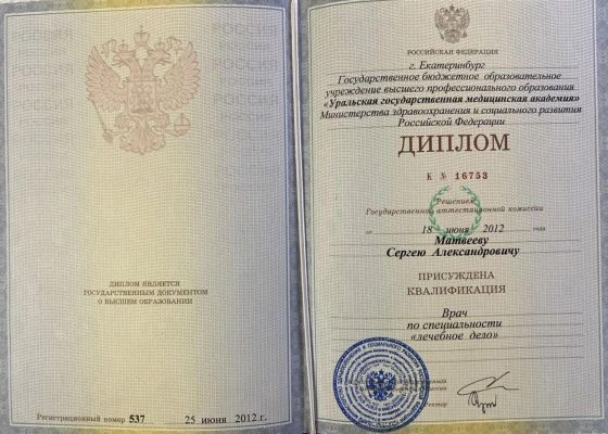 Врач по специальности «Лечебное дело», 2012